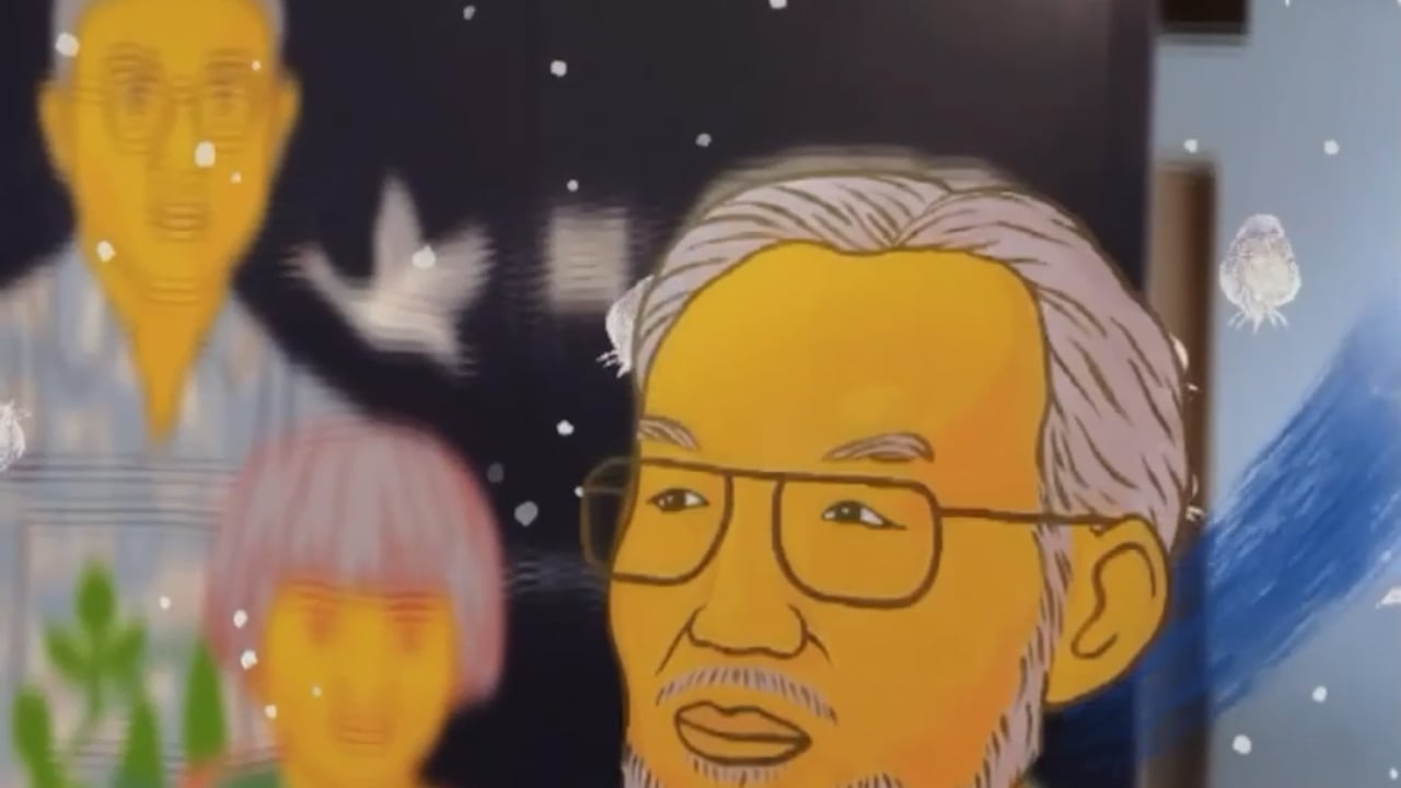 An illustrated farmer surrounded by archival imagery in augmented reality