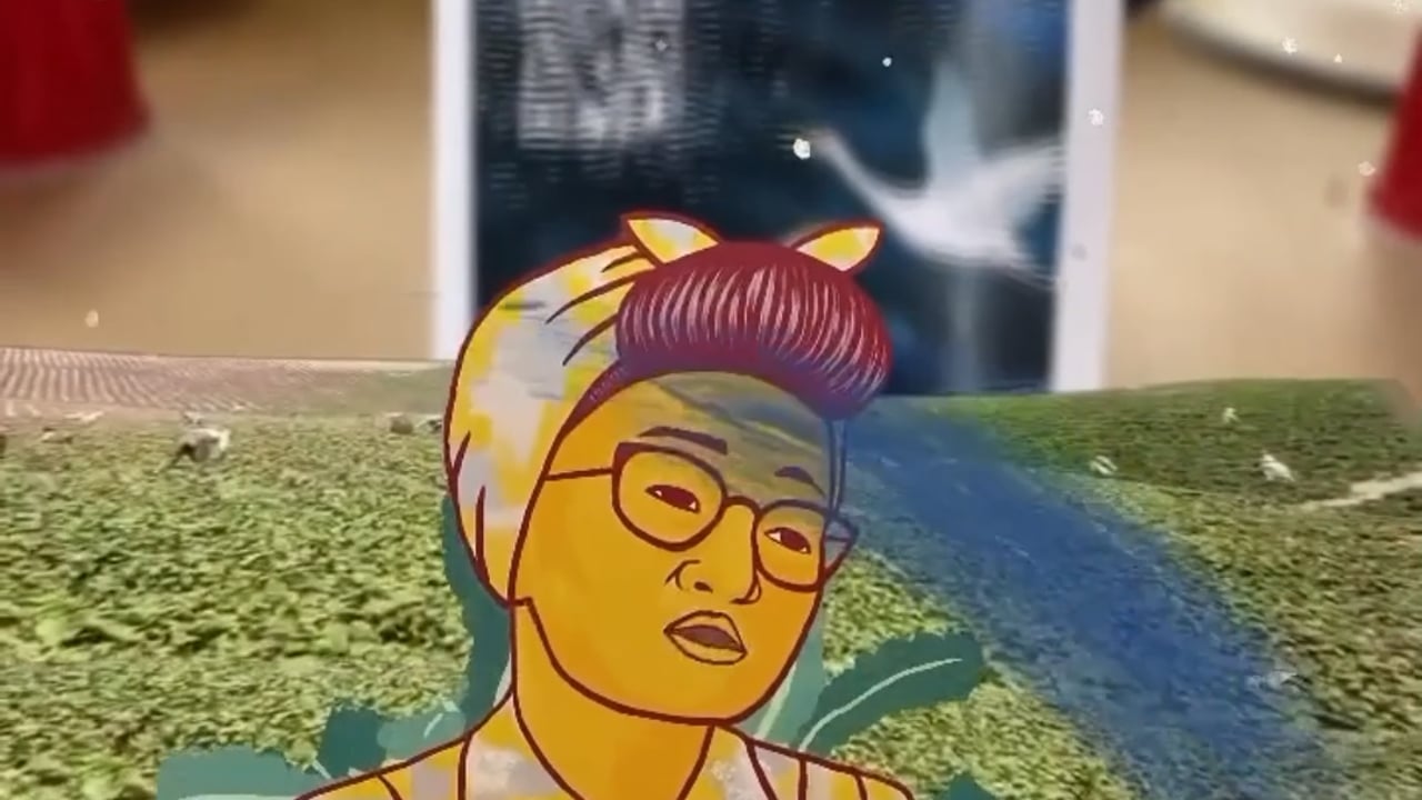 An illustrated Japanese American farmer appearing over a farm landscape in augmented reality