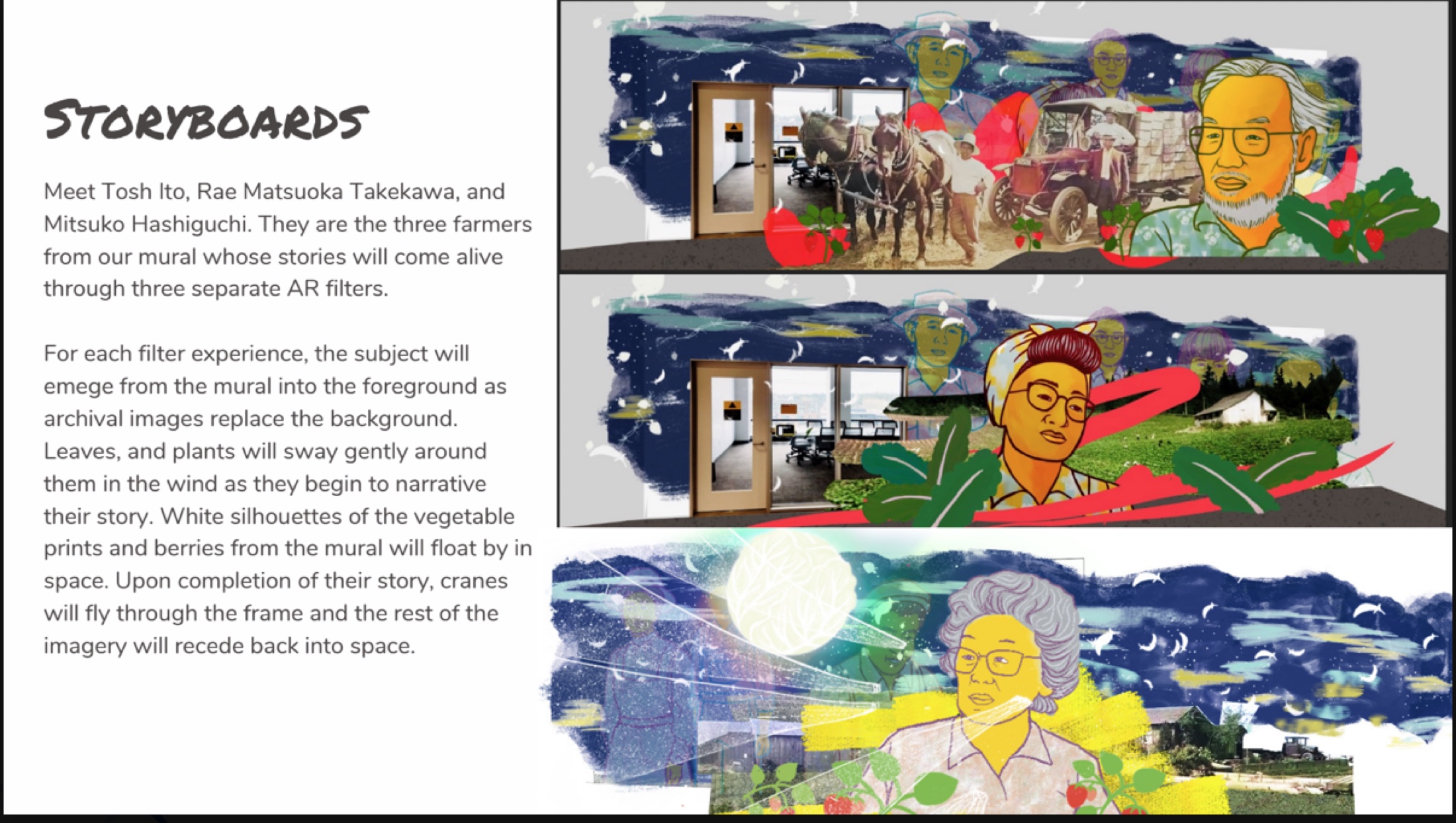 Emerging Radiance storyboards combining illustrated portraits and archival imagery