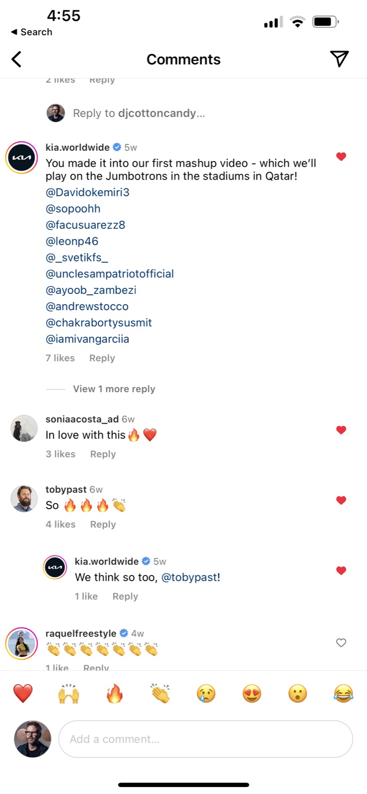 Kia social conversation with a fan whose video appeared in a campaign mashup